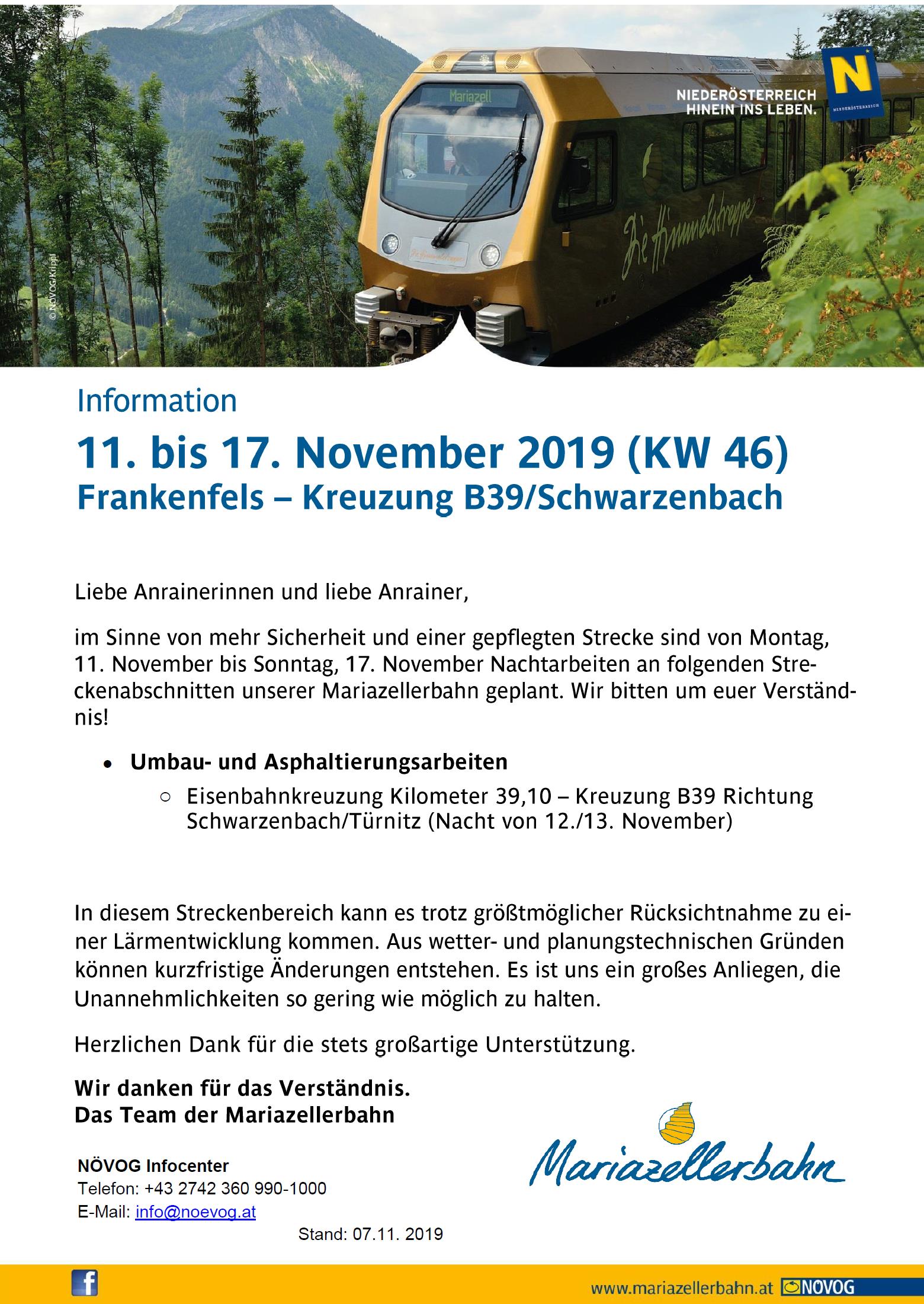 Information Mariazellerbahn Frankenfels B39 November